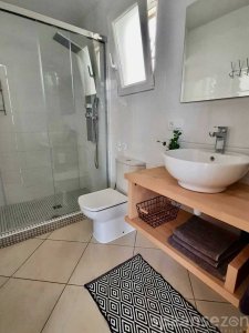 Bathroom with walk-in shower, toilet and sink