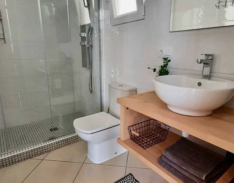 Bathroom with walk-in shower, toilet and sink